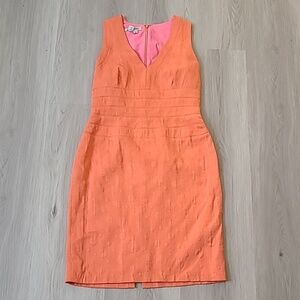 Kay Unger Coral Orange Sleeveless Dress Sz 8 Shift Lined Textured Summer V Neck